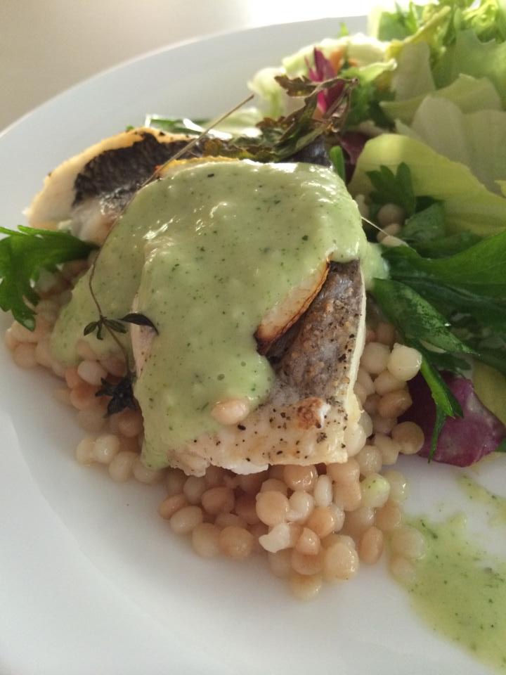 Kosher branzino with couscous plated by a Miami kosher caterer